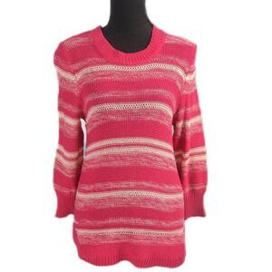 Sweater Pink and White Striped Loose Weave Crew Neck NY Collection Size M